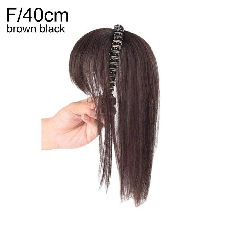 Rhinestone headband with integrated simulated hair, airy bangs, natural and invisible, covers gray hair, wig bangs